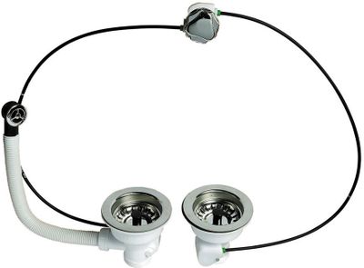 Bonde à panier Ø90 mm commande à cable et trop plein pour évier 2 bacs - WIRQUIN
