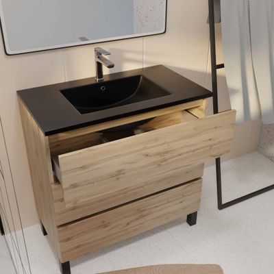 Meuble de salle de bains Timber 3 tiroirs L80 x H83 x P46 cm MDF chêne naturel + vasque céramique noire - AURLANE