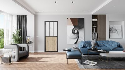 Bloc-porte aluminium noir et plaqué chêne style Atelier H.204 x l.93 cm avec vitrage verre blanc dépoli poussant droit - OPTIMUM