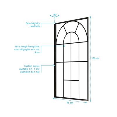 Pare-baignoire rabattable avec profilés noir mat 75x130 cm Garden AURLANE