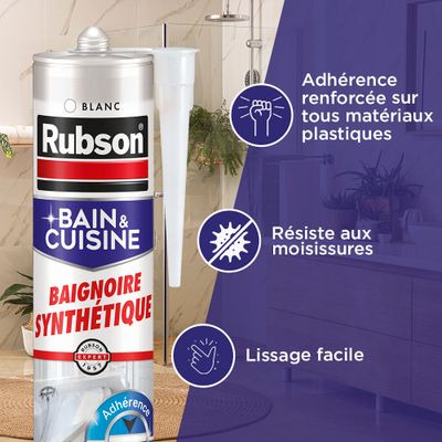Mastic Silicone Bain & Cuisine Baignoire Synthétique Blanc 280 ml RUBSON
