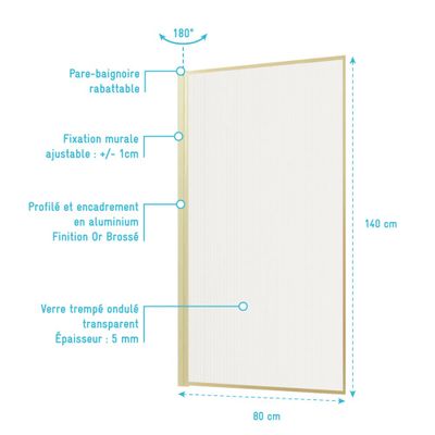 Pare-baignoire rabattable avec profilés or brossé 140x80 cm Golden Edge Wavy AURLANE